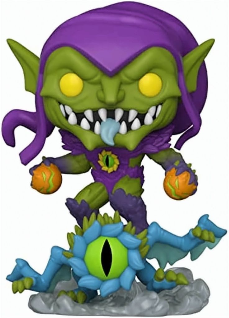 A Funko Pop! vinyl figure of the Green Goblin from Marvel Mech Strike, standing on a blue, eye-themed creature.