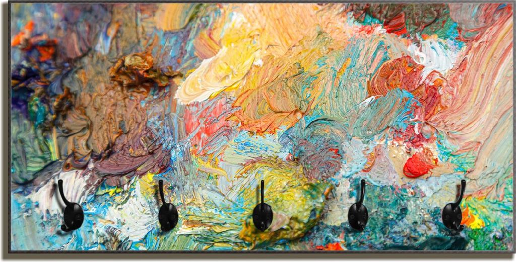 Wallario Flurgarderobe Wandgarderobe aus Holz, mit 5 Haken, Größe 80 x 40 cm, Motiv Künstlerischer Farbrausch