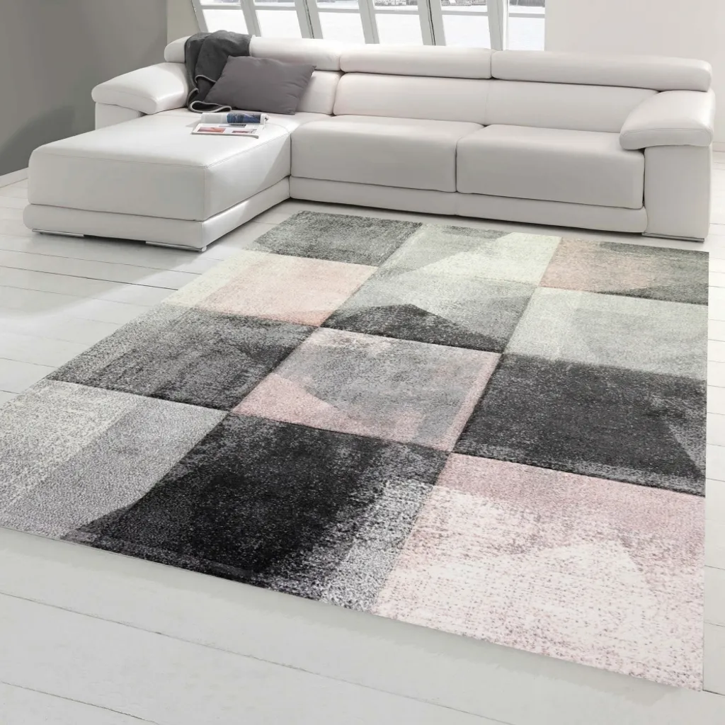 Tapis de salon à carreaux abstraits gris rose crème - 200 x 290 cm