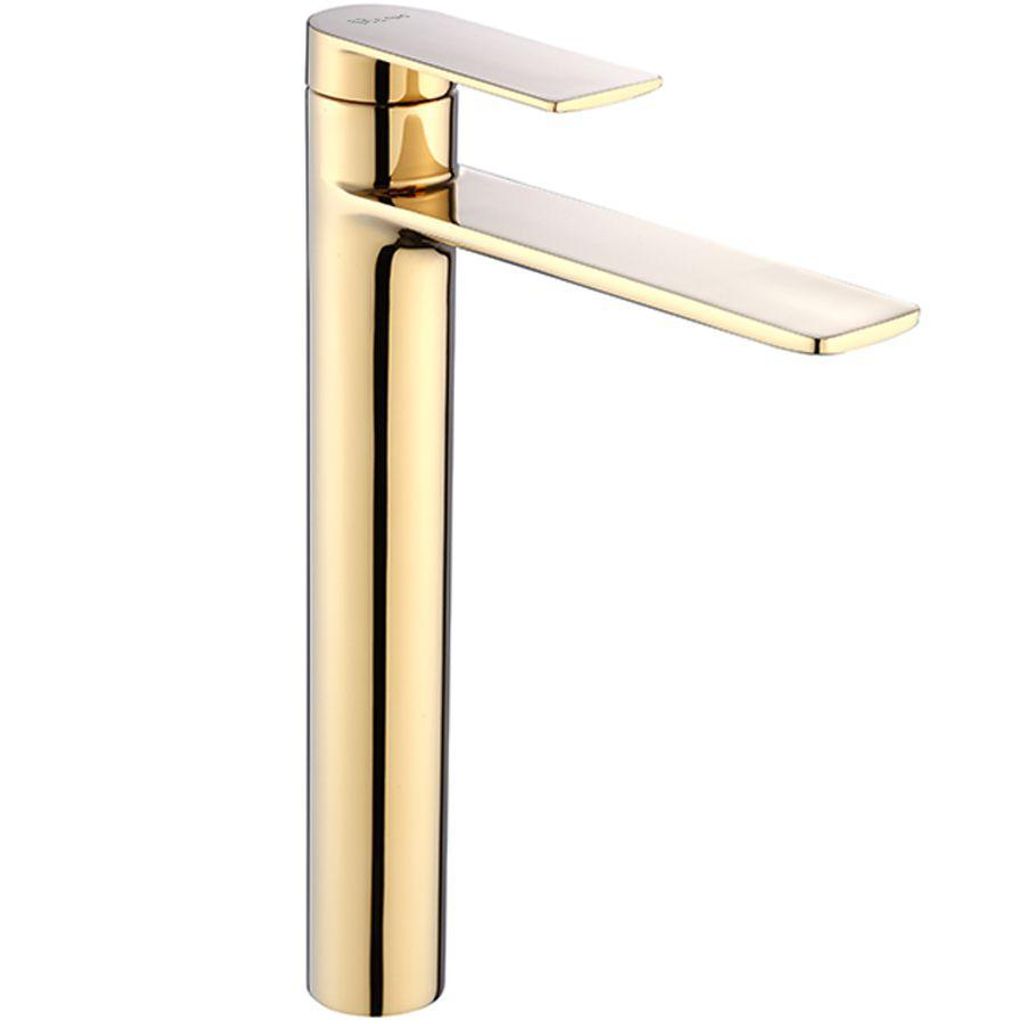 A high-rise gold faucet is shown against a white background.