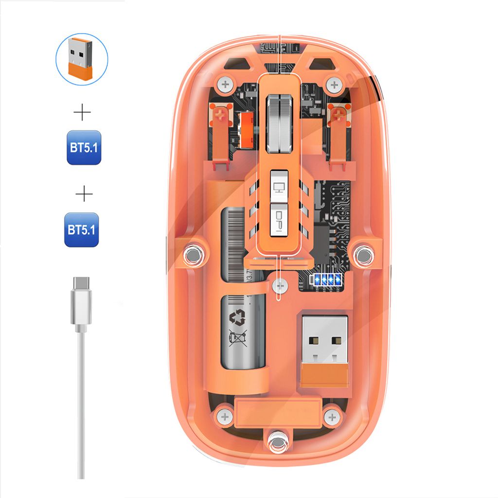 M233 Computermaus, kabellose Maus, transparente Maus, Drei-Modus-Verbindung (2,4 G + BT1 + BT2), 1600 DPI, Typ-C-Aufladung, Orange