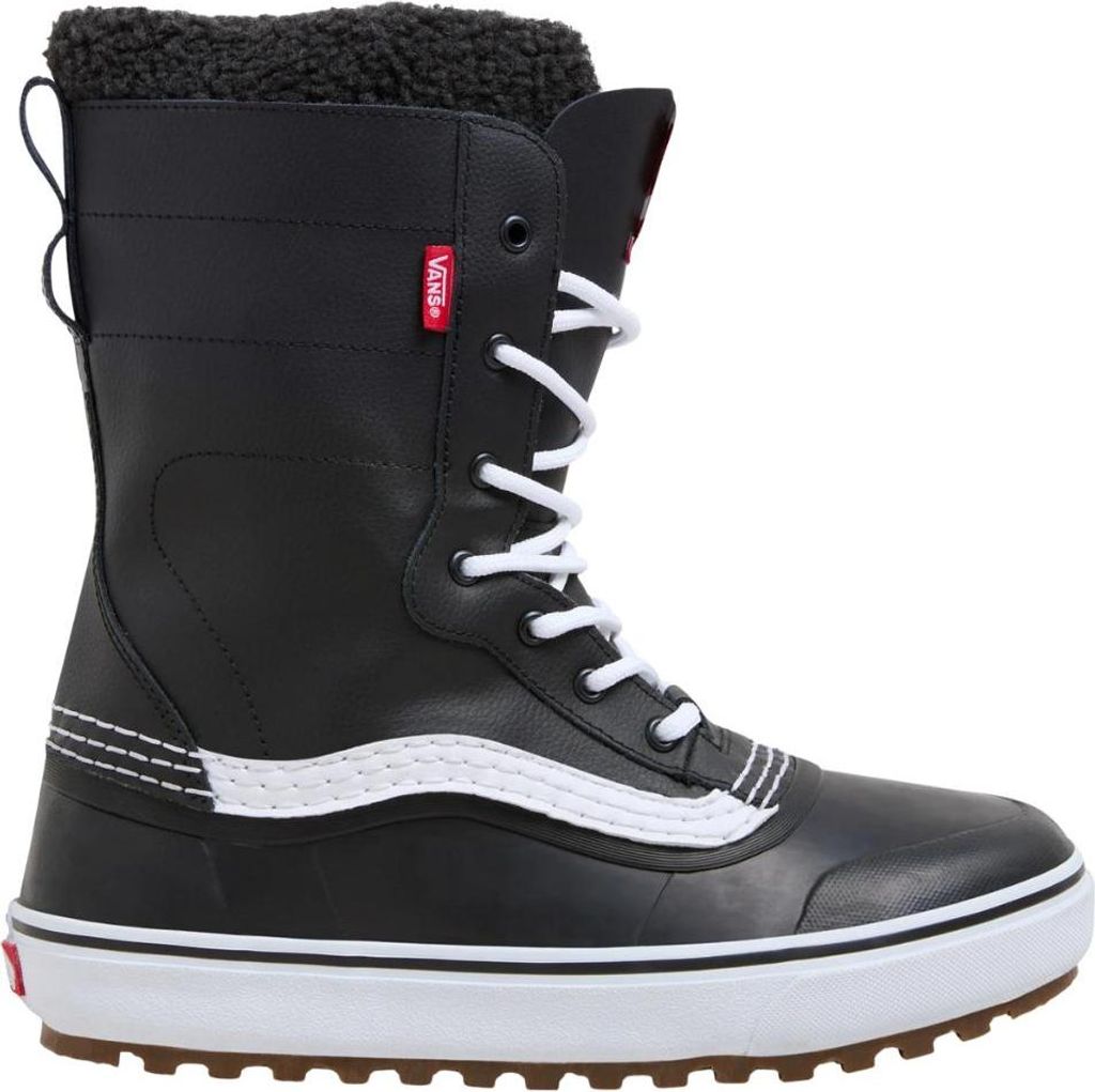 A black Vans boot with white laces and a white stripe on a white background.