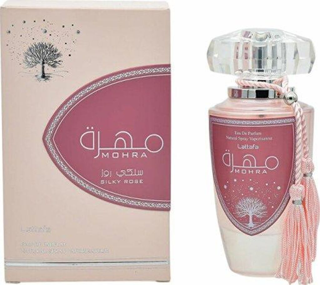 A perfume box and bottle are displayed side-by-side against a white background.