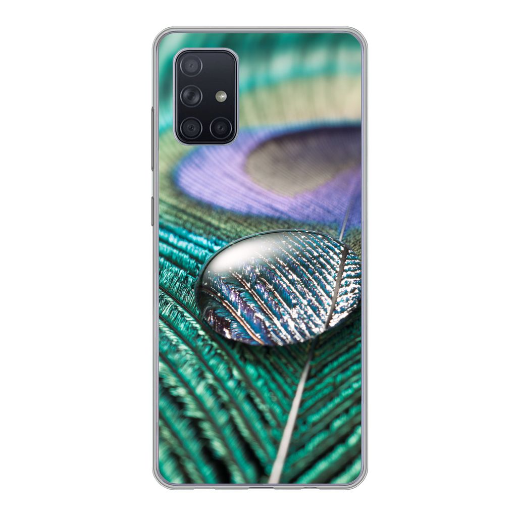 MuchoWow Handyhülle Schutzhülle Hülle für Samsung Galaxy A51 Nahaufnahme eines Wassertropfens auf einer Pfauenfeder Silikon Softcase Handy H...
