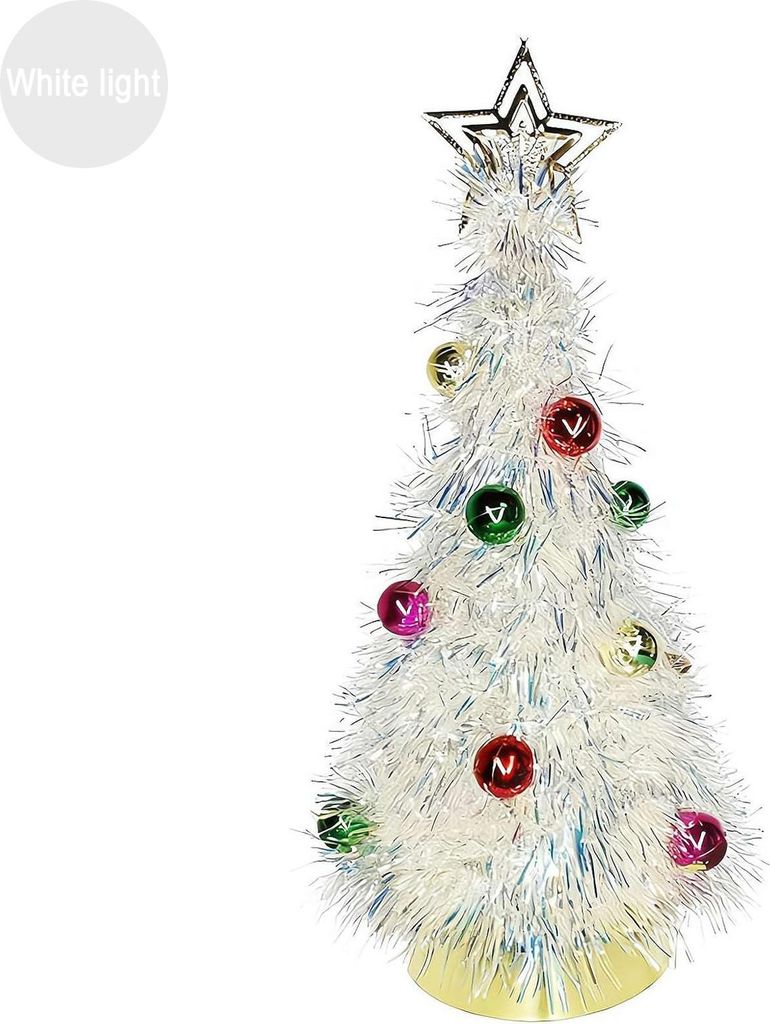Weihnachtsbaum aus Metallic-Lametta, beleuchteter Folien-Weihnachtsbaum mit Kugelornamenten für die festliche Tischdekoration zu Hause oder im Büro