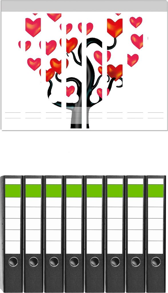 Wallario 8 Stück schmale Ordner inkl. Klebeetiketten mit Motive Comic Baum mit Herzen - Set mit Rückenschildern / Ordnerrücken Stickern