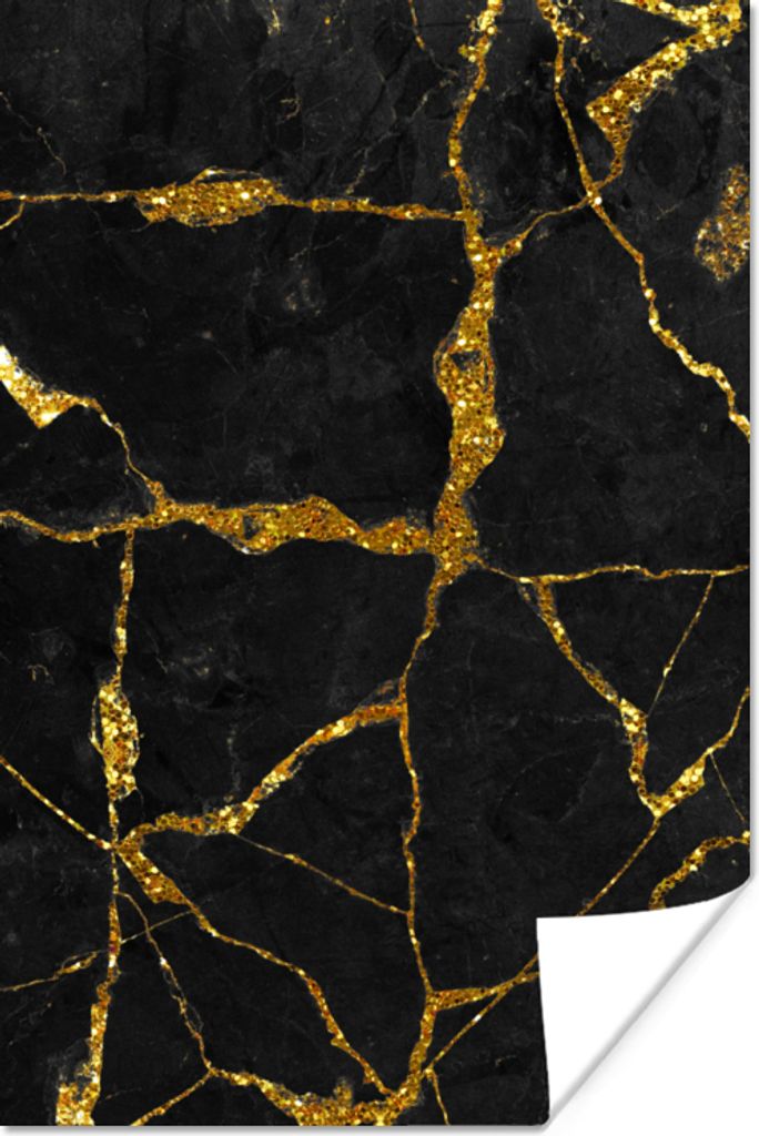 MuchoWow Poster Marmor - Gold - Schwarz - Marmoroptik - Glitter 20x30 cm - Papierdruck