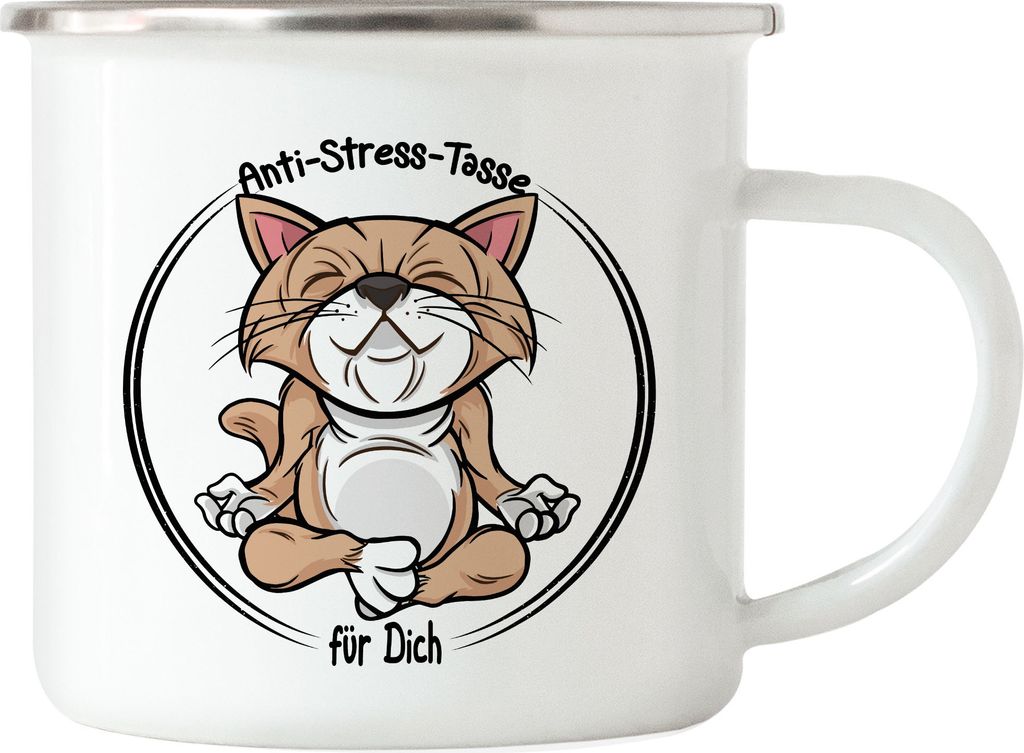 Anti-Stress Emaille Tasse Meditation Lustig Spruch Ironie Katze Geschenk-Idee Bürokollegen Chillen Yoga
