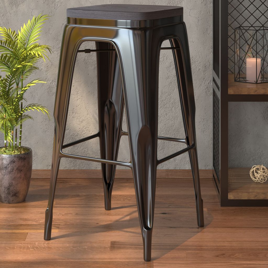 2er-Set CALIFORNIA | Tolix Barhocker | Schwarz Matt | Metall | + Holzsitz | Industrial Barstuhl, Industrie Barhocker