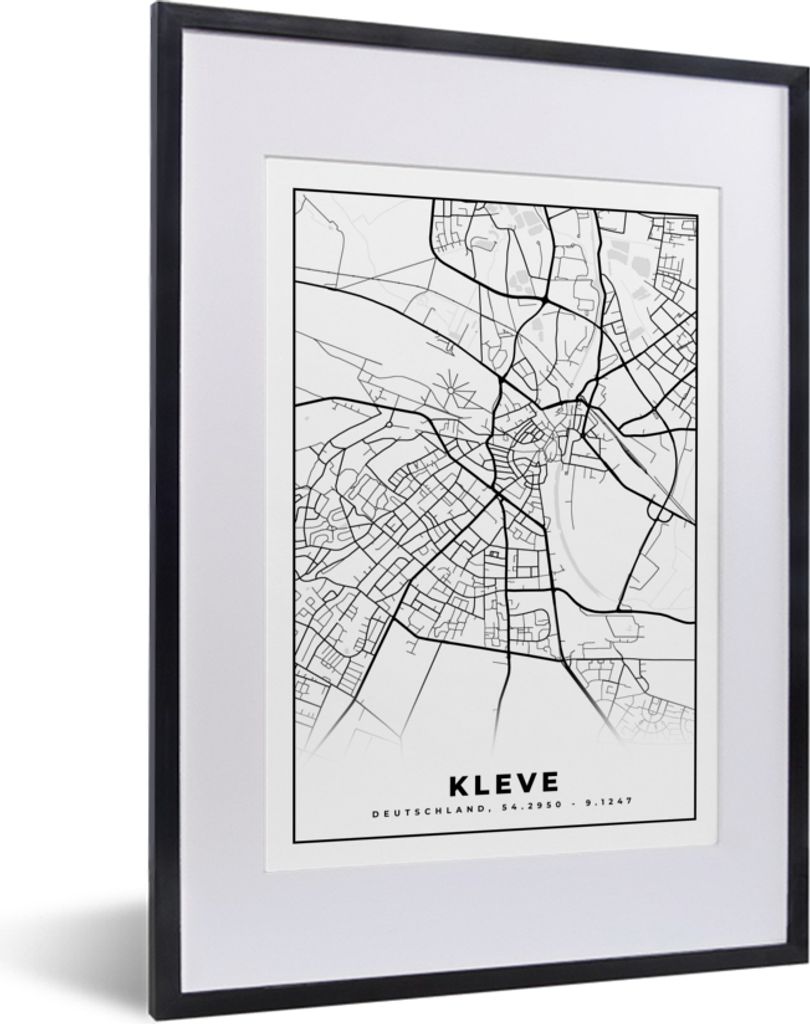 MuchoWow Gerahmtes Poster Karte - Kleve - Stadtplan 30x40 cm - Poster mit Schwarzem Bilderrahmen Wandposter Rahmen Foto Bilder - Wandposter Schla...