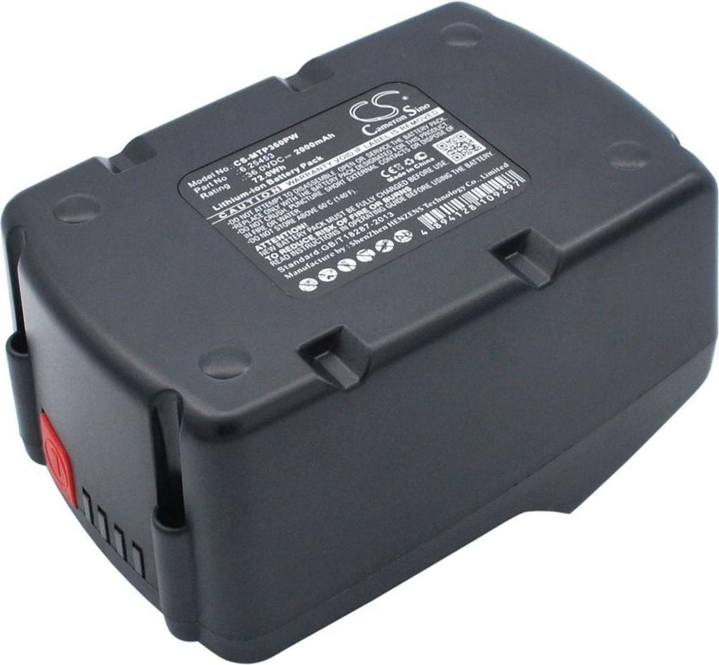 A black battery pack for power tools, shown from a slightly elevated angle against a white background.
