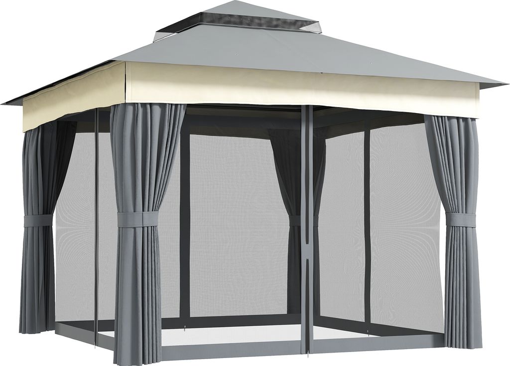 Outsunny Pavillon mit Doppeldach, 3x3 m Wasserabweisend Stabil Winterfest Gartenpavillon mit Moskitonetz, Seitenteile, Garten-Pavillon aus Metall, ...