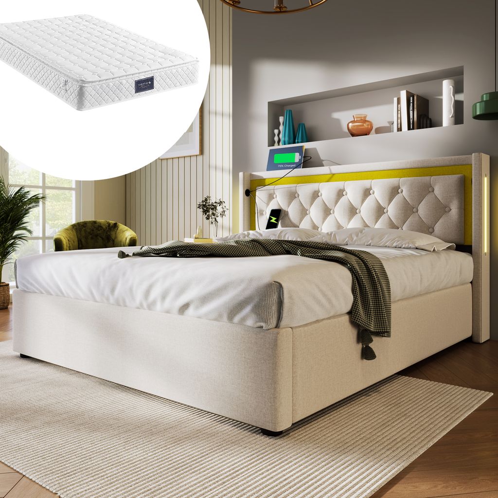 Sweiko Polsterbett LED Doppelbett Stauraum Bettkasten mit USB Typ C Ladefunktion Kopfteil,Baumwolle Jugendbett 140x200 mit lattenrost(Mit Matratze)