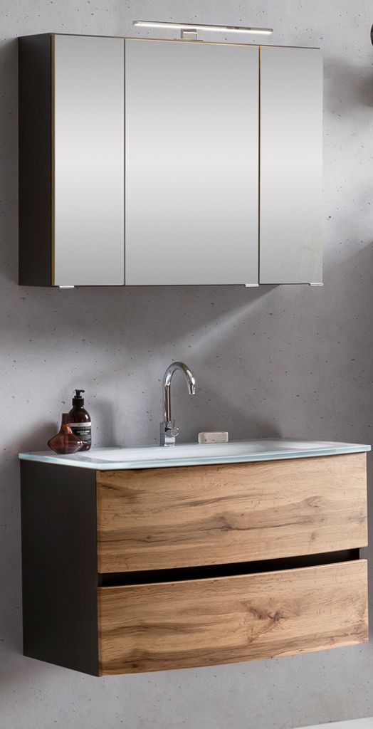Badezimmer Waschtisch Set in Graphitgrau mit Wotaneiche Nb. LAURIA-03 mit Spiegelschrank 80 cm inkl. Beleuchtung, BxHxT: ca. 80x200x49 cm