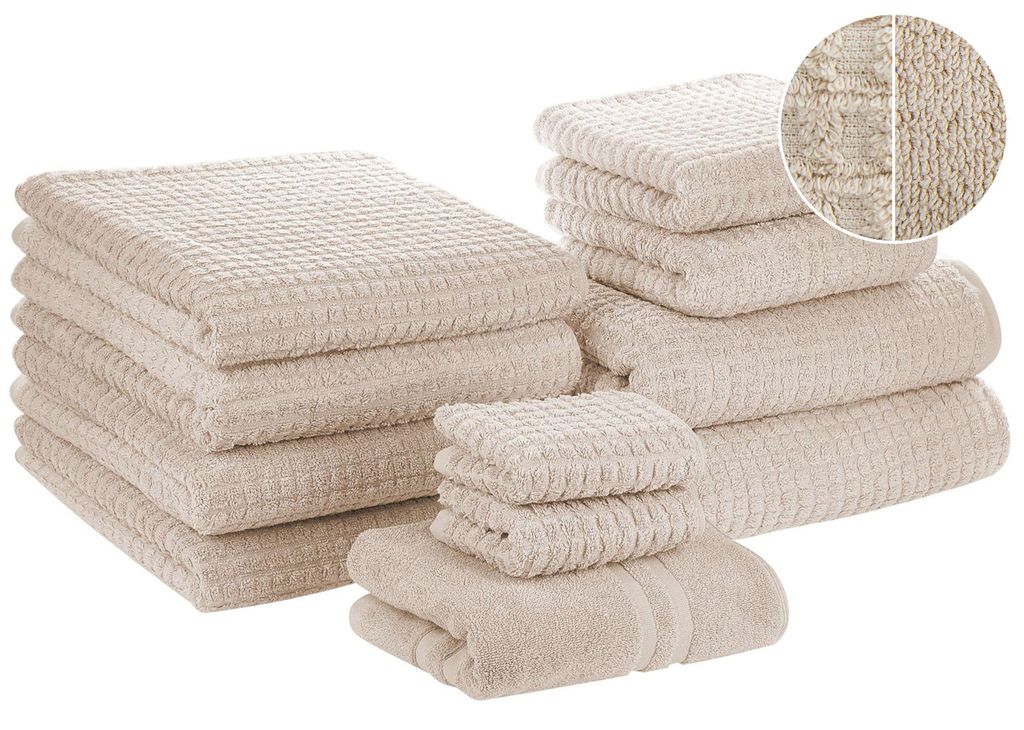 BELIANI Badehandtuch Set mit Badematte 11-teilig Beige Baumwolle Frottee Handtücher in verschiedenen Größen Badteppich Bad Ausstattung Accessories