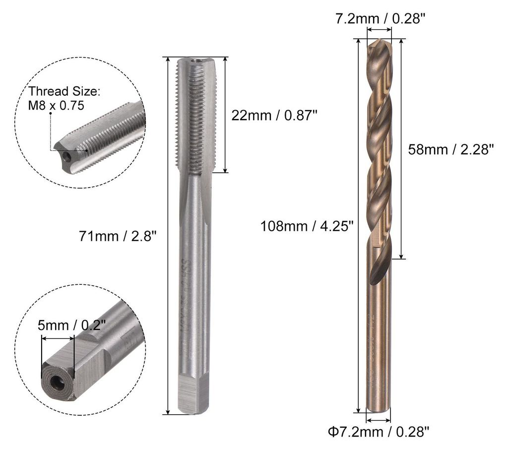 M8 x 0,75 Spiralgewindebohrer und 7,2mm Spiralbohrer Set Metrisch M35 Schnellstahl Maschinengewindebohrer fš¹r Edelstahl