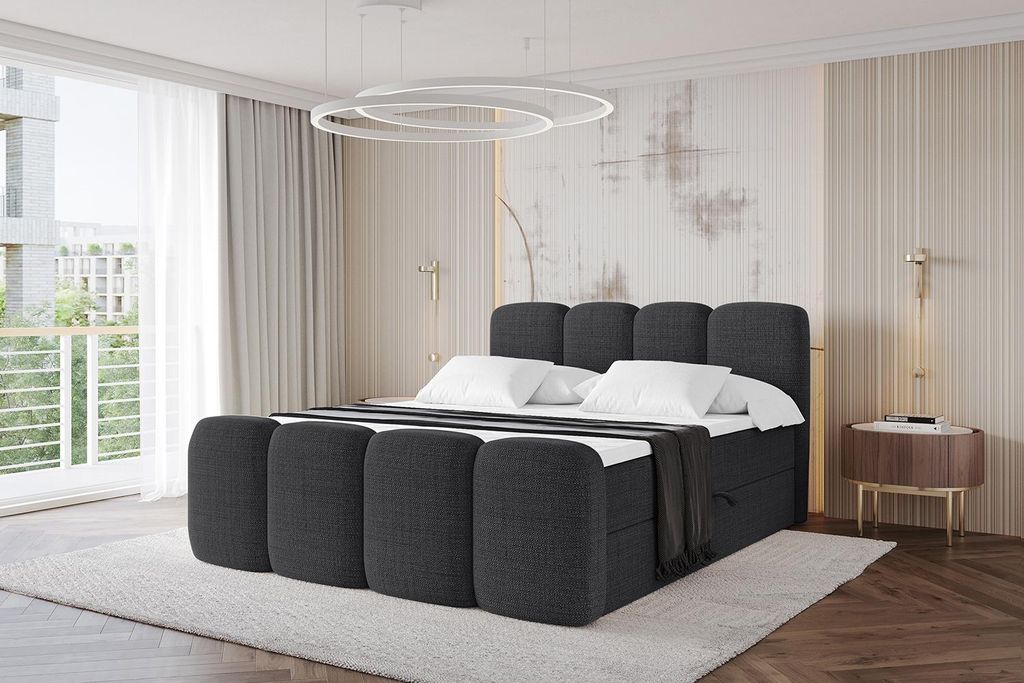 ALTDECOR Boxspringbett mit Fußteil - NINA-Z - 180x200 Schwarz- Komplett-Set mit Taschenfederkern Matratze und Topper, Polsterbett mit H4-Matratze ...