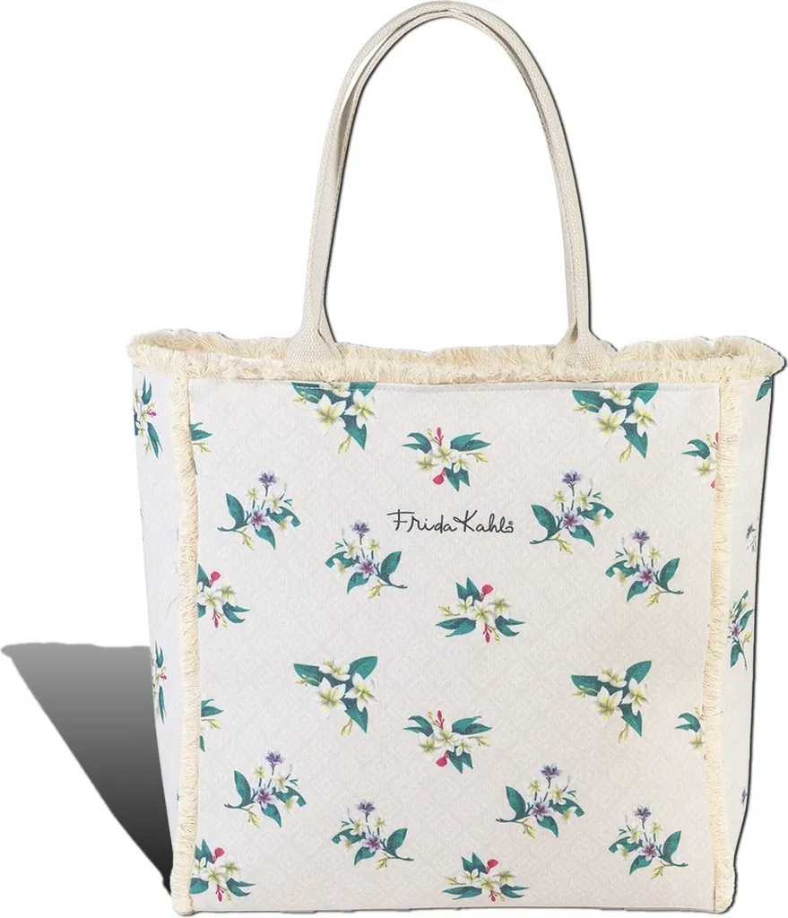 Grand Sac de Plage Frida Kahlo en Toile Imprimé Floral Turquoise