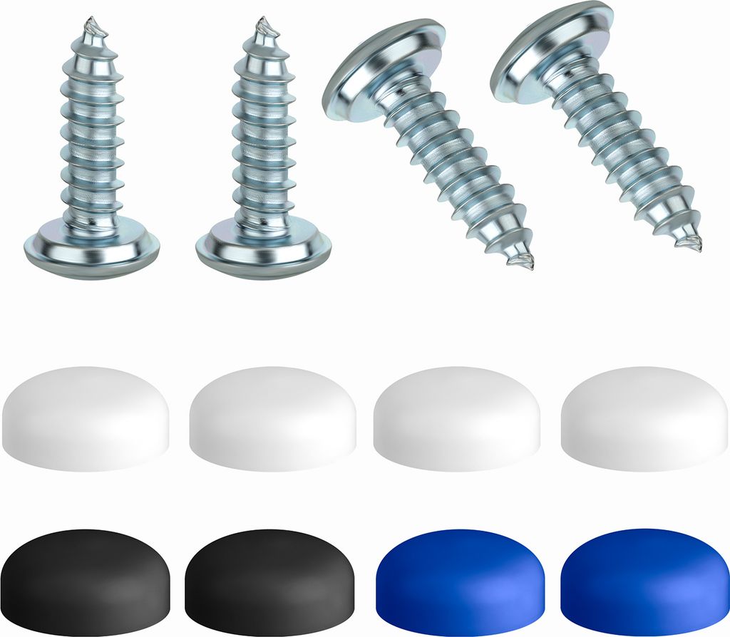 A product shot of screws and colored caps against a white background.