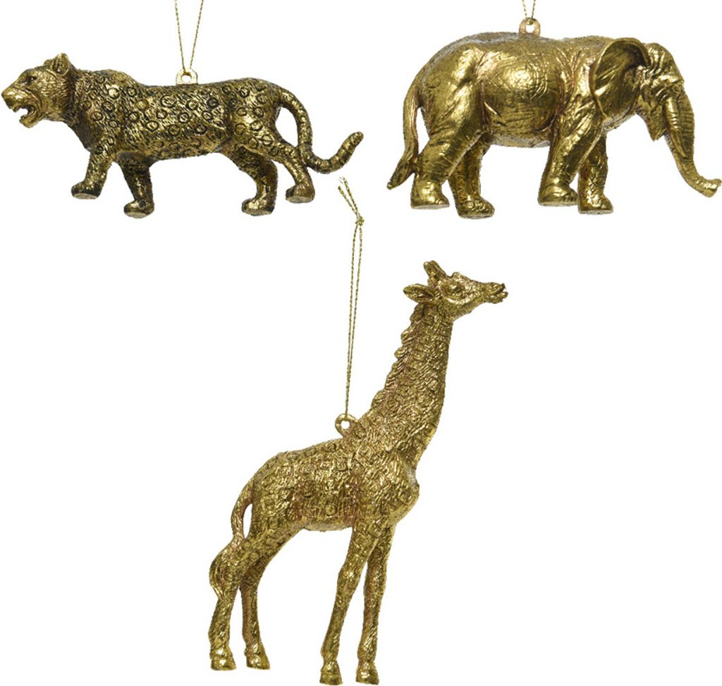 Christbaumkugel - Elefant, Leopard, Giraffe - Hänger, Kunststoff, Farbe Gold, ca. L. 12cm W. 4cm H. 7cm - 3er Set