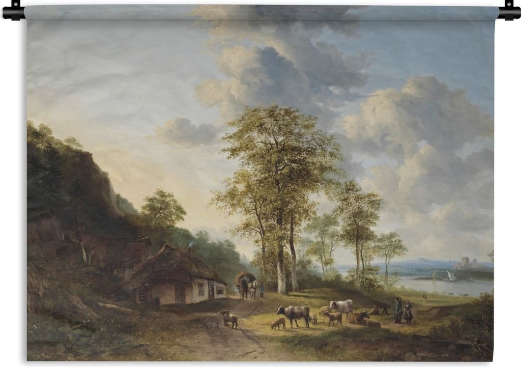 MuchoWow Wandteppich Wandbehang Flusslandschaft mit Bauern und Vieh - Gemälde von G.J.J Van Os 90x67.5 cm Tapisserie Dekoration Wandtuch - Fotot...