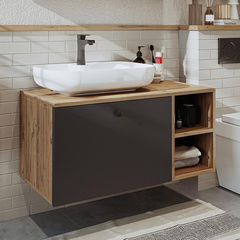 Roomart LOTUS-I-95 Badmöbel-Set 2-teilig 95 cm breit, Anthrazit-Eiche
