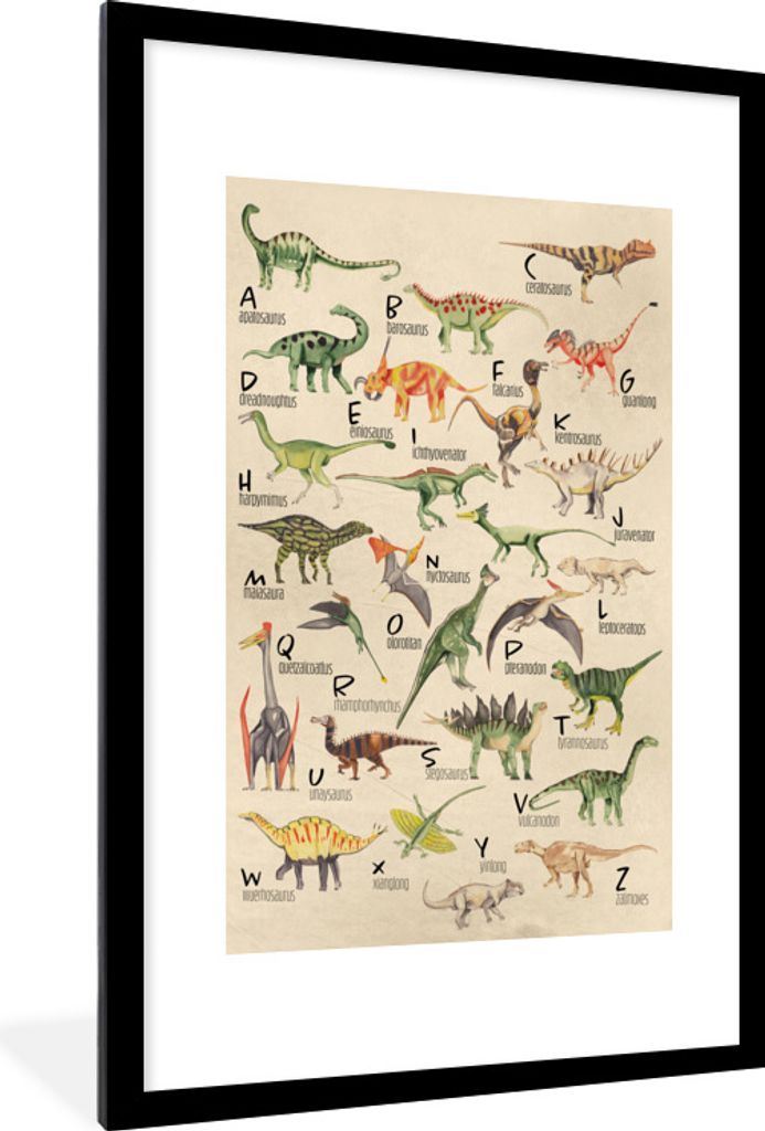 MuchoWow Gerahmtes Poster Alphabet - Dinos - Kinderzimmer - Jungen - Mädchen - Kinder 60x90 cm - Poster mit Schwarzem Bilderrahmen Wandposter Ra...