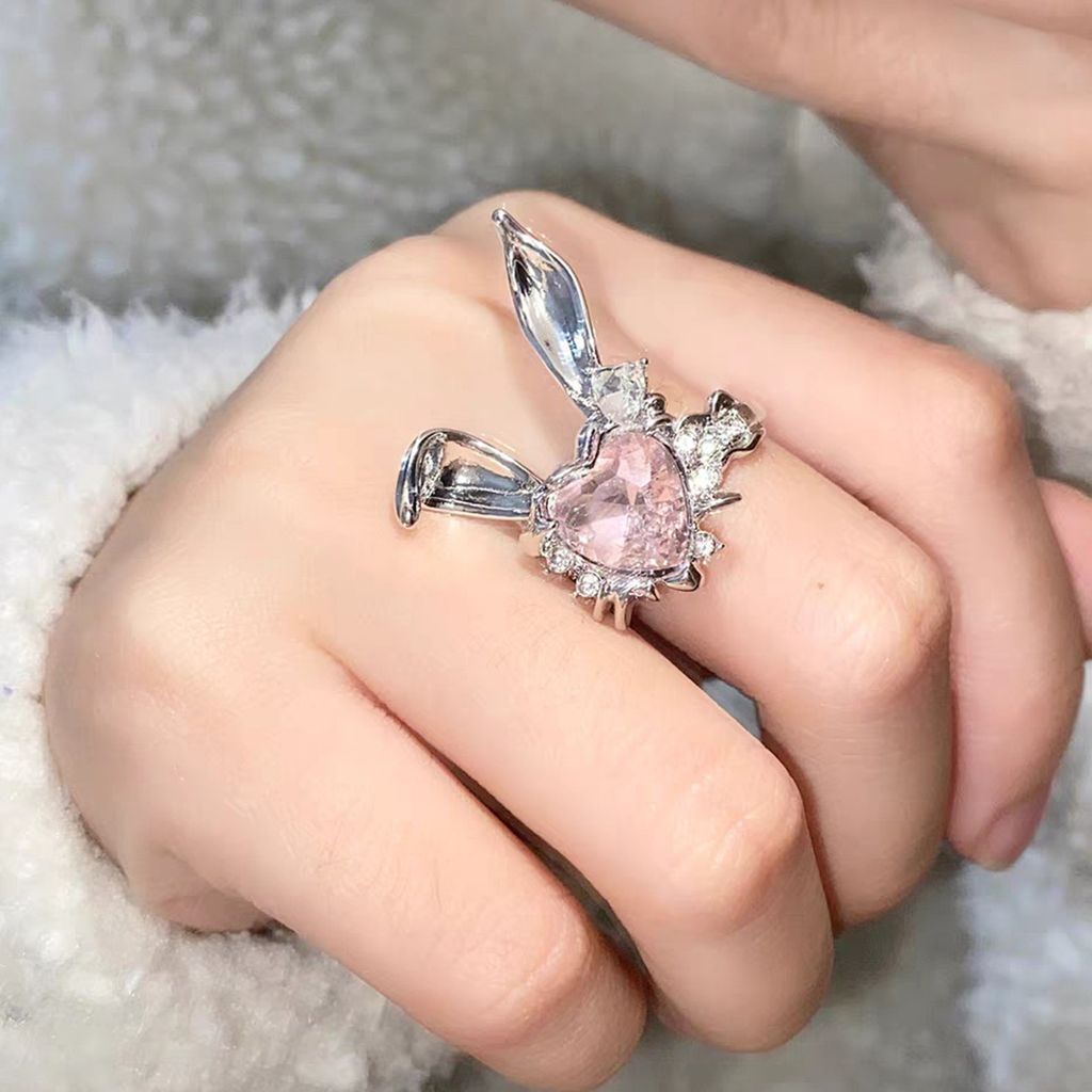 Fingerring, verstellbar, exquisite Strasssteine, rosa Herz, hübsches Hasenohr, Damen-Fingerring, Valentinstagsgeschenk
