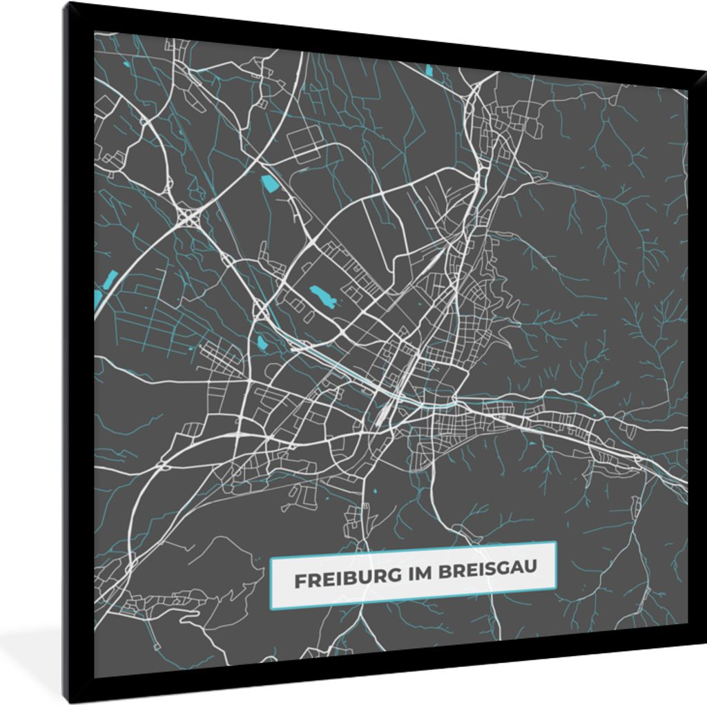 MuchoWow Gerahmtes Poster Stadtplan - Karte - Freiburg im Breisgau - Blau - Deutschland - Karte 40x40 cm - Poster mit Schwarzem Bilderrahmen Wand...
