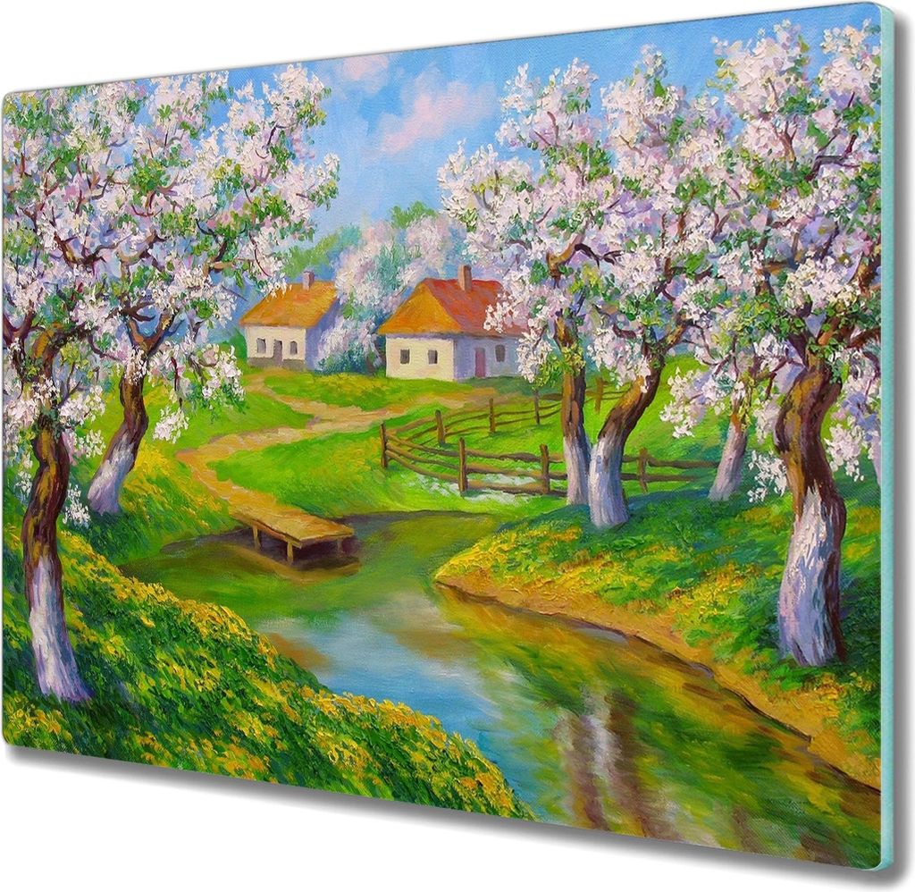 Coloray Hackbrett Herdabdeckplatte 60x52 cm Küchenbrett Kochplattenabdeckung Schneidebrett - Der Baum Dorf Blumen Wasser
