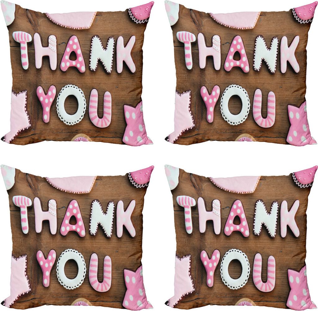 ABAKUHAUS Danke Kissenbezug Set (4 Stück), Rustikale Plätzchen Letters, Moderner Doppelseitiger Digitaldruck, 40 cm x 40 cm, Weiß Braun und Rosa