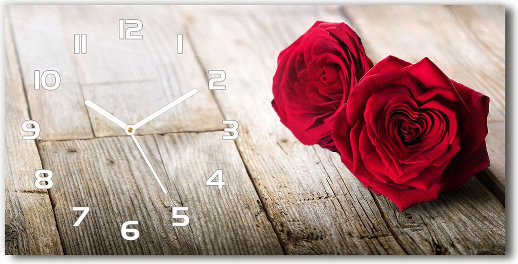 Wanduhr aus Glas – 60x30 cm - Glasbild - Glasuhr - Gehärtetes Glas - weisse-zeiger - Rosen auf Holz