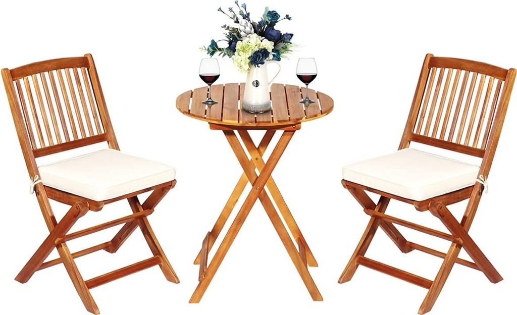 GOPLUS 3 tlg. Gartenmöbel-Set Akazienholz mit Sitzkissen abnehmbar, 2x Klappstuhl 160 kg belastbar & 1 Tisch klappbar, Bistroset Sitzgruppe Balkon...