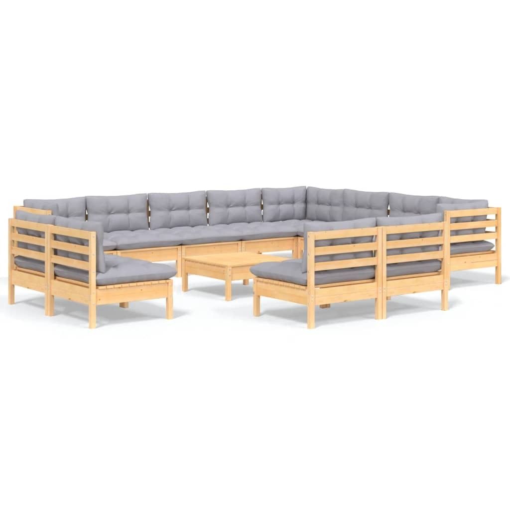 13-tlg. Garten-Lounge-Set mit Grauen Kissen Massivholz Kiefer
