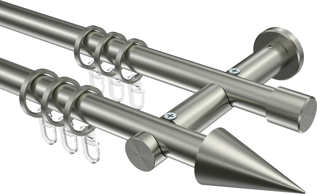 Interdeco Gardinenstange / Vorhangstange Edelstahl-Optik, Typ Platon Savio (Kegel), 20 mm Ø 2-läufig, 280 cm