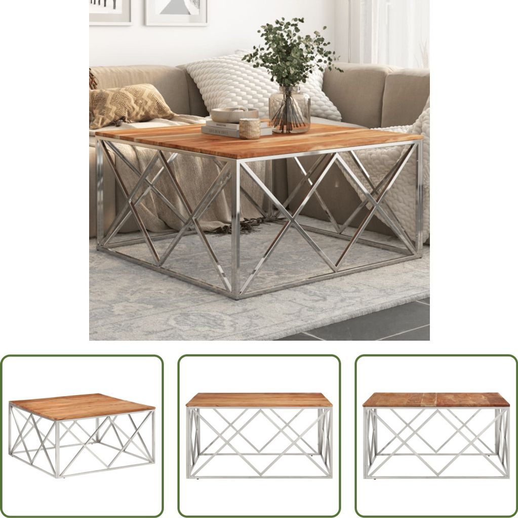 The Living Store Couchtisch Silbern Edelstahl und Massivholz Akazie