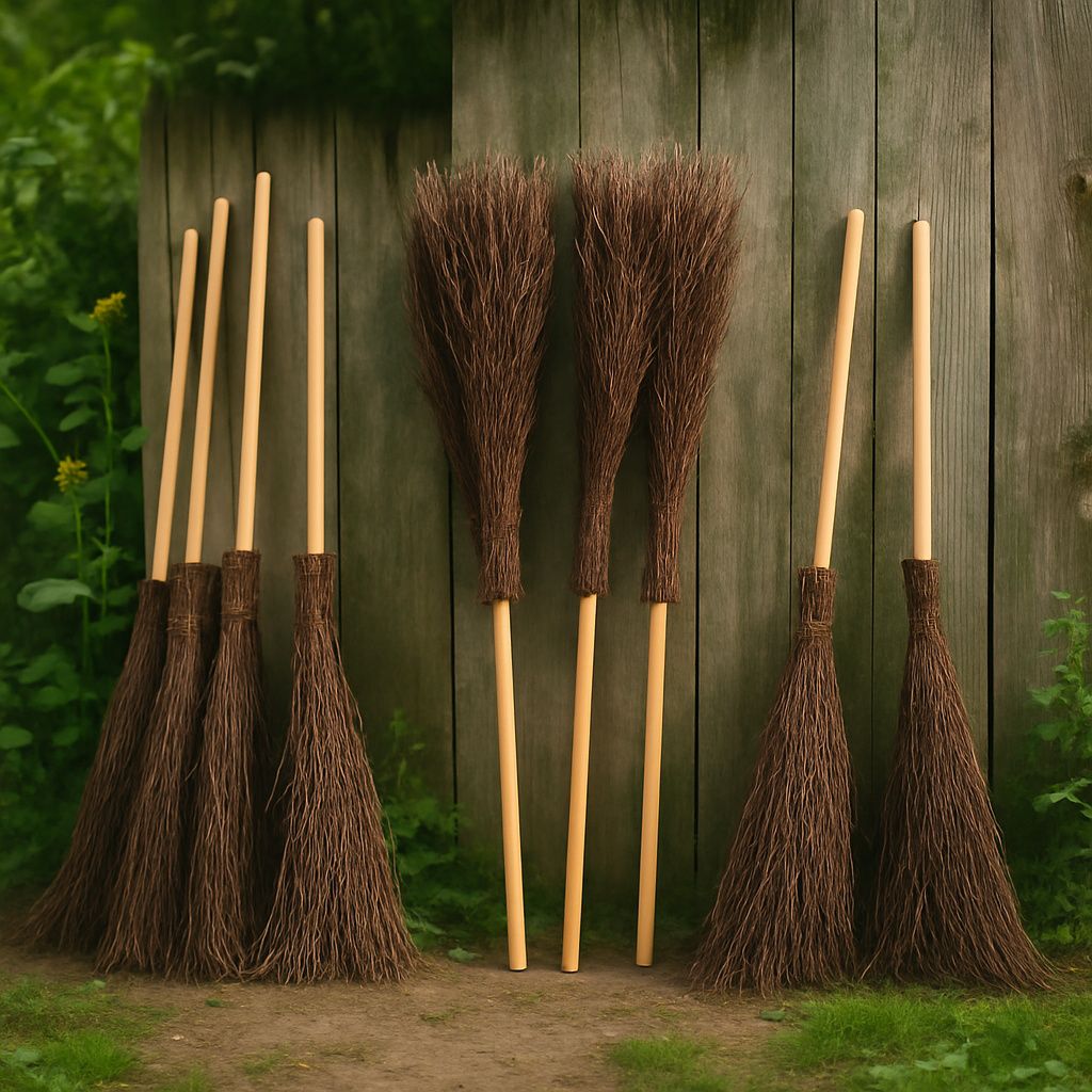 Several brooms are leaning against a wooden fence in an outdoor setting.