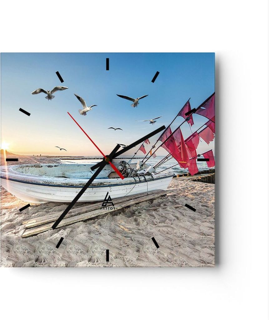 Wanduhr - Quadrat - Glasuhr - Łódź Küste Möwen - 30x30cm - Schleichendes Uhrwerk - Lautlos - zum Aufhängen bereit - Dekoration Modern - Wandd...
