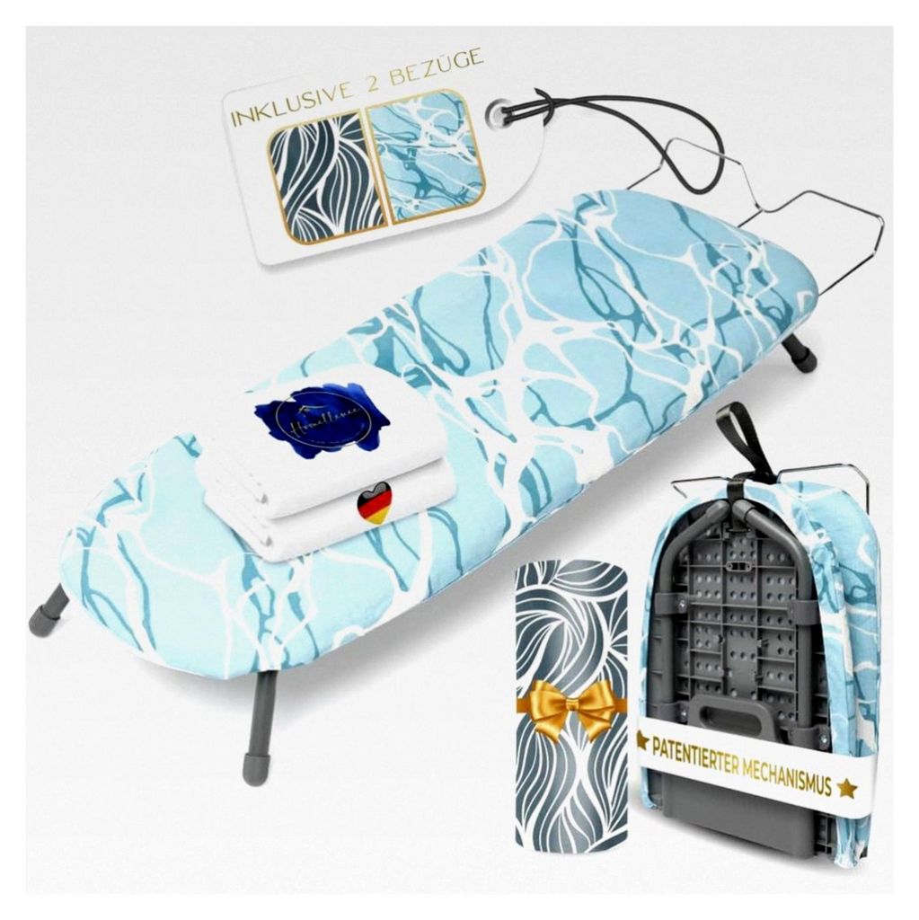 Klappbares kleines Tischbügelbrett - Modernes Design inklusive 2 hochwertigen Bezügen - Reisebügelbrett - Mini Bügelbrett (Blau)