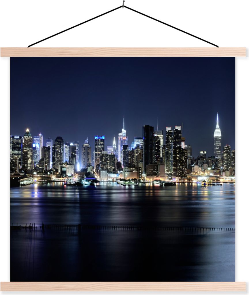 MuchoWow Textilposter New York - Sternenhimmel - Empire State Building 120x120 cm mit holzfarbenen Rahmen - Textil-Poster
