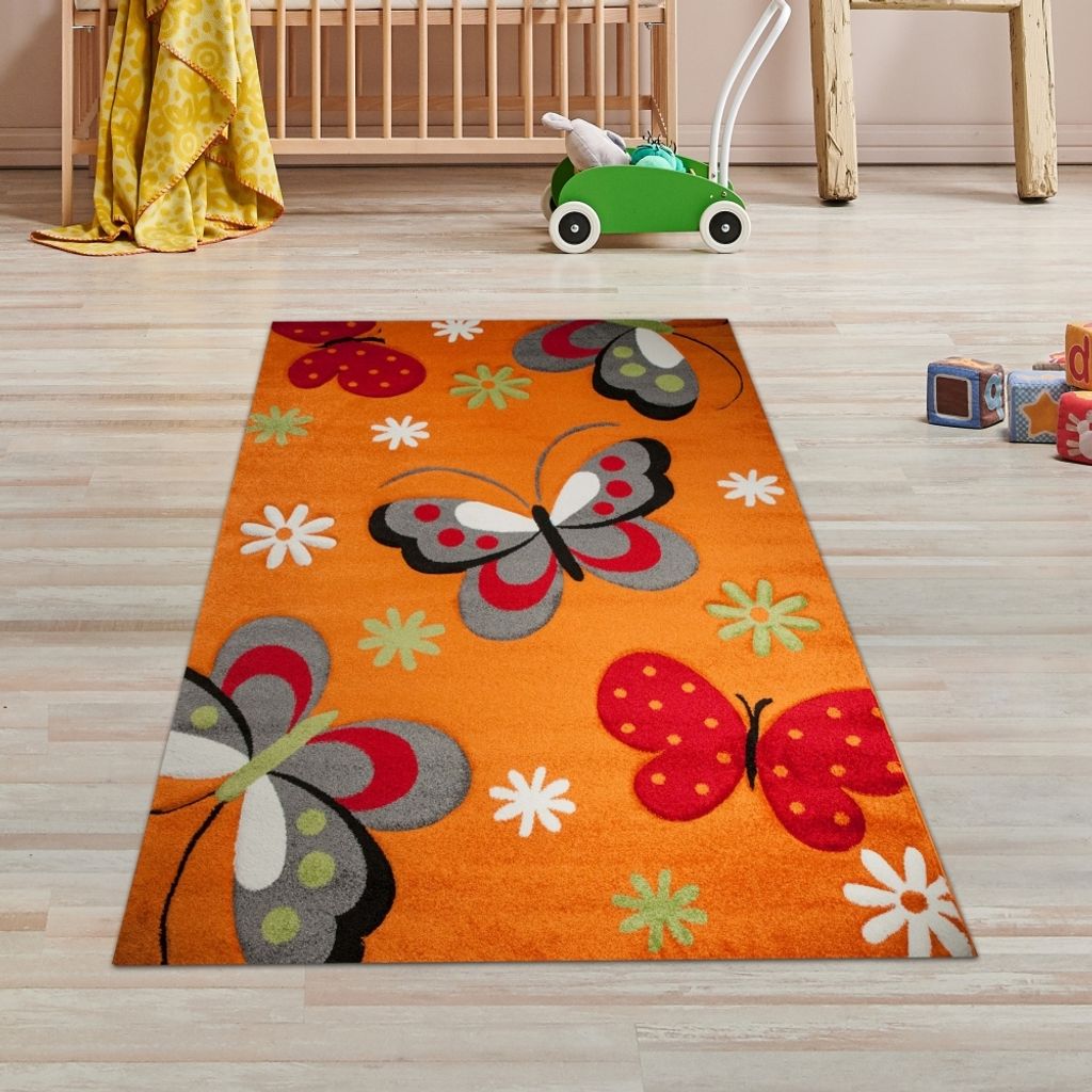 Kinderteppich Schmetterling Design Orange Rot Grau Grün Weiss Größe - 80 x 150 cm