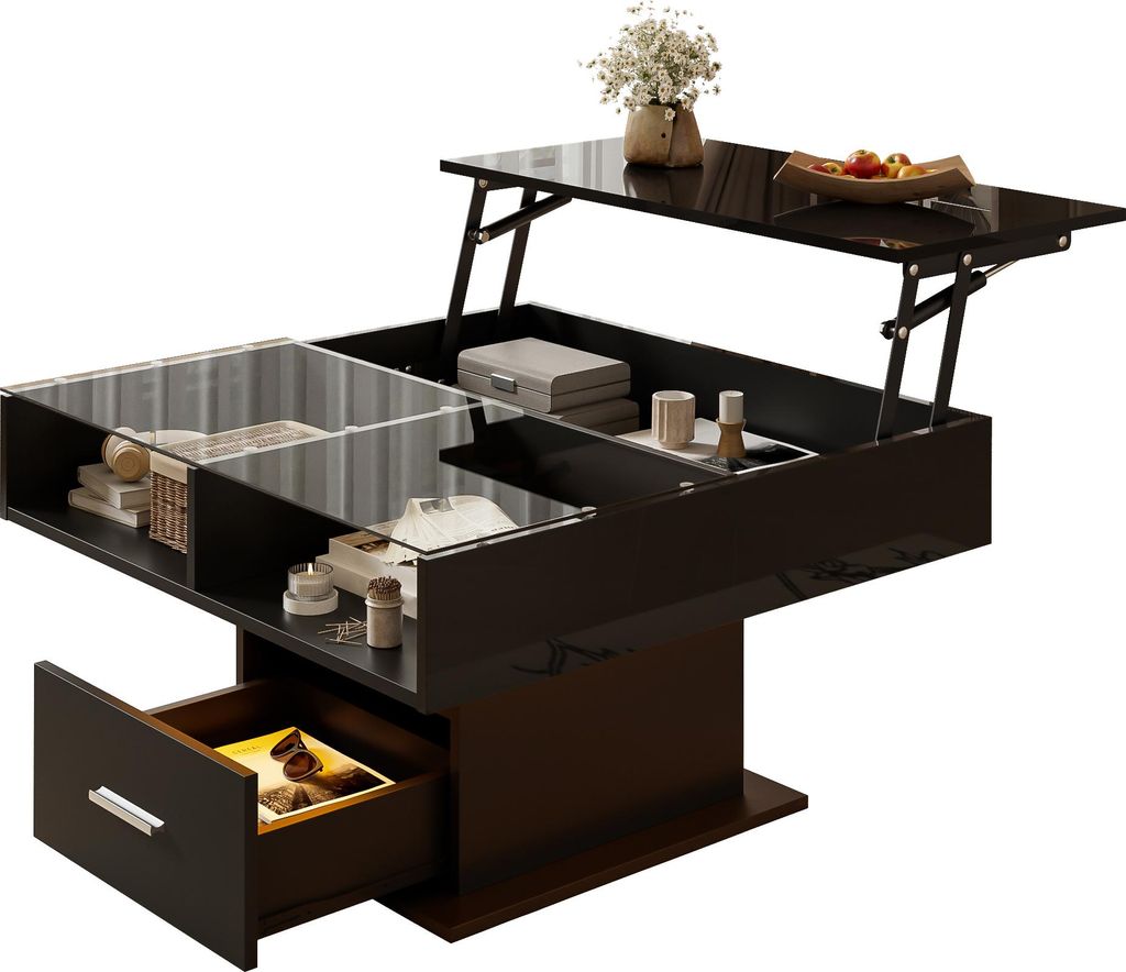Sweiko Multifunktionaler Hochglanz-Lift-Couchtisch mit LED-Beleuchtung, verstellbarer Höhe & flexiblem Stauraum – modernes Design für Wohnzimme...