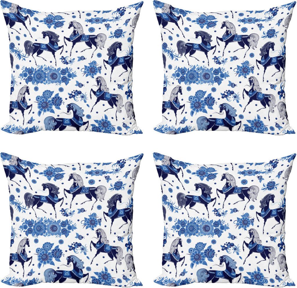 ABAKUHAUS Pferd Kissenbezug Set (4 Stück), Mittelalter Zeichnungen, Moderner Doppelseitiger Digitaldruck, 60 cm x 60 cm, Blau Dunkelblau Weiß