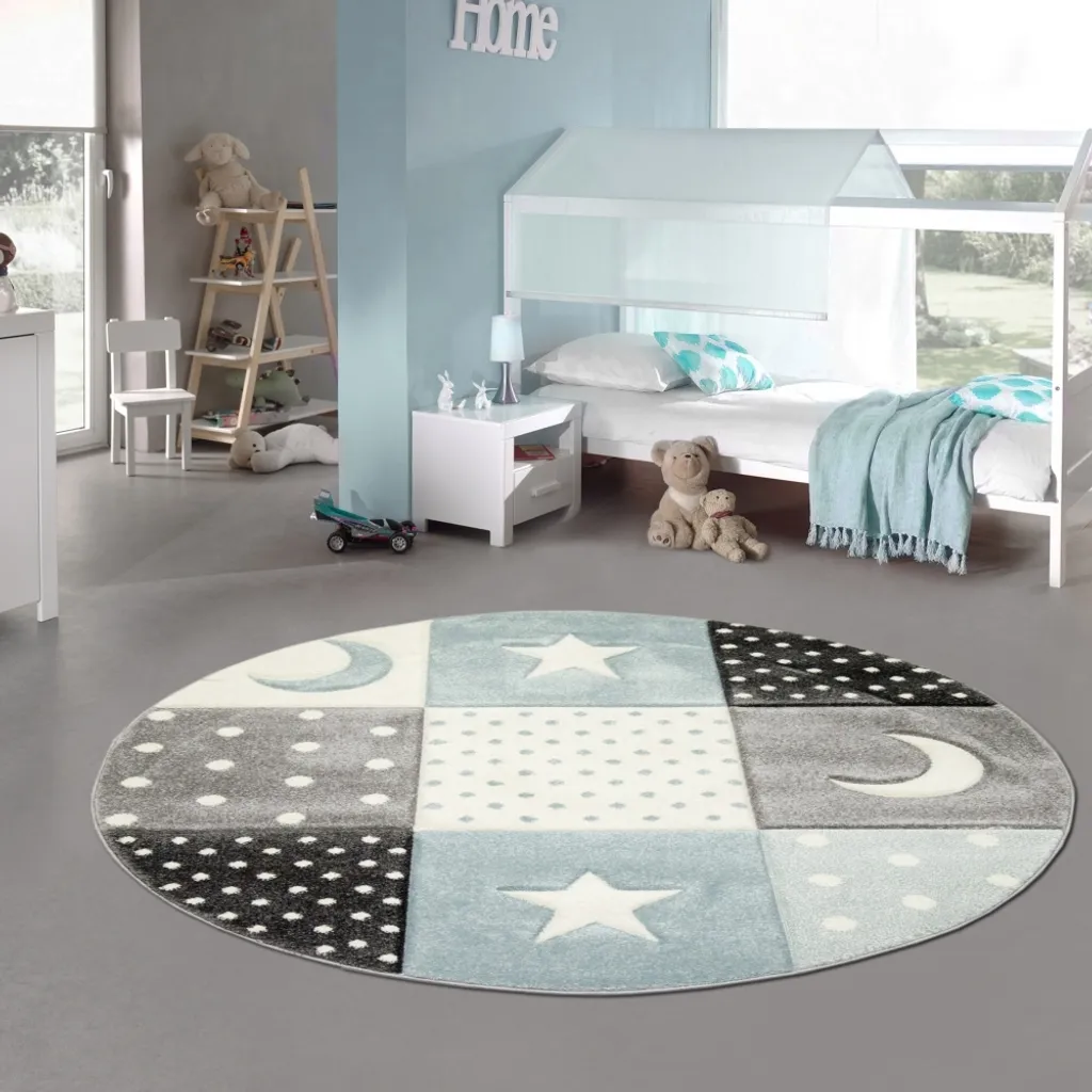 Tapis de chambre d'enfant rond 120 cm - Design Étoiles et Lune Bleu