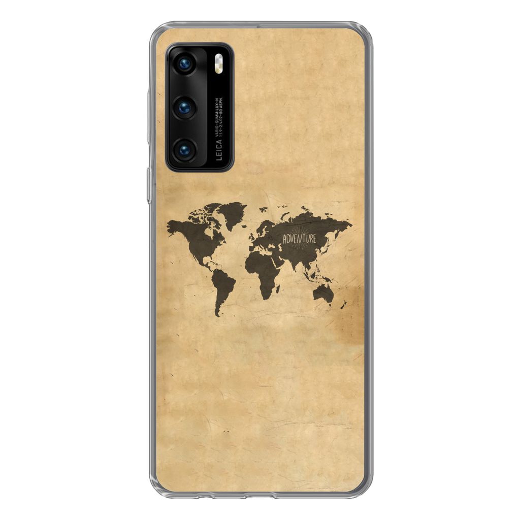 MuchoWow Handyhülle Schutzhülle Hülle für Huawei P40 Weltkarte - Braun - Zitat Silikon Softcase Handy Hülle - Handytasche