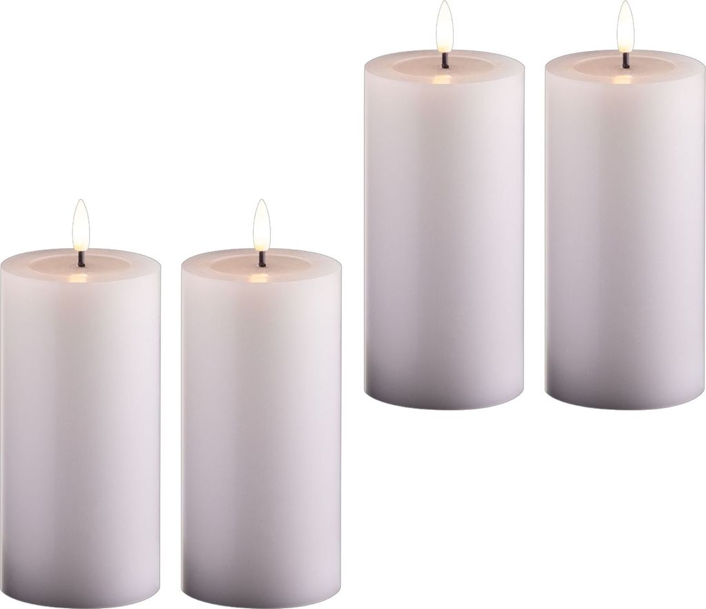 4x LED Stumpenkerze mit Timer 6 Stunden weiß Echtwachs LED warmweiß 7,5cm ø 15cm Höhe - 2 AA Batterien nötig LED Echtwachskerze mit Flackereff...