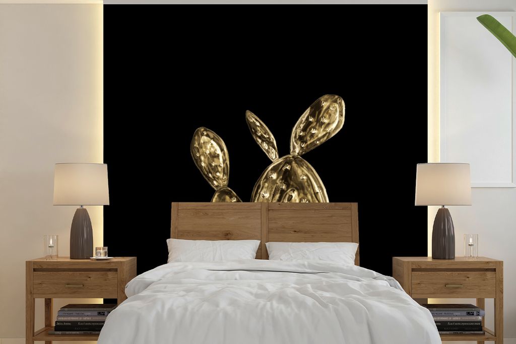 MuchoWow Fototapete für Wohnzimmer oder Schlafzimmer Wandtapete Vinyl Motivtapete Kaktus - Gold - Pflanzen - 260x260 cm - Papiertapeten
