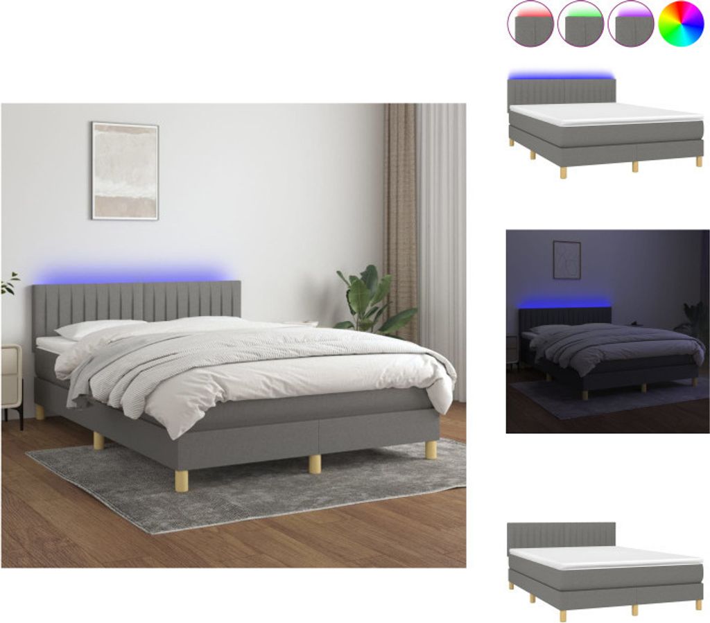 vidaXL Boxspringbett mit Matratze & LED Dunkelgrau 140x200 cm Stoff - Betten & Bettgestelle