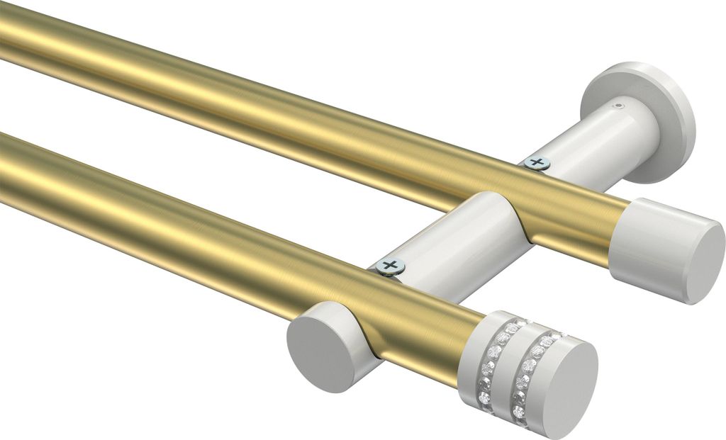 Interdeco Gardinenstange / Vorhangstange Messing-Optik / Weiß, Typ Platon Estana (Glitzerkappe) ohne Ringe, 20 mm Ø 2-läufig, 440 cm