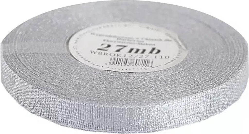 Wstążka brokatowa 12mm x 27mb, srebrna, 1 sztuka